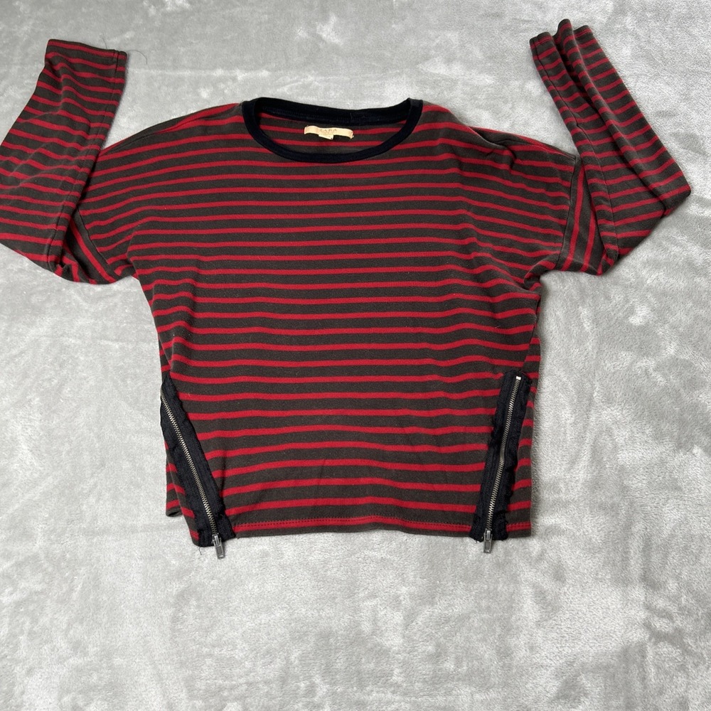 Zara Striped Linen Long Sleeve Blouse size Medium Black/Red Zip